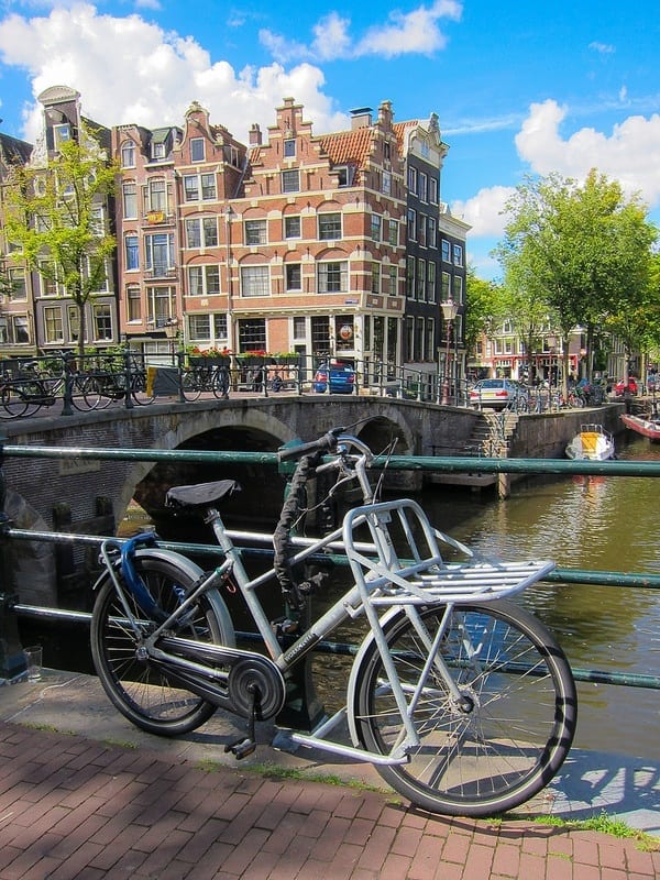 a bike parked on a bridge