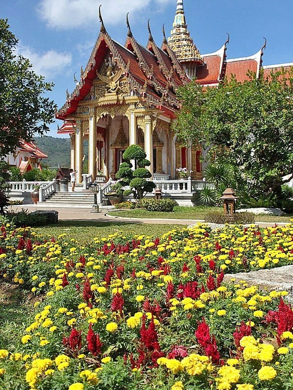 A colorful flower garden in front of a building
