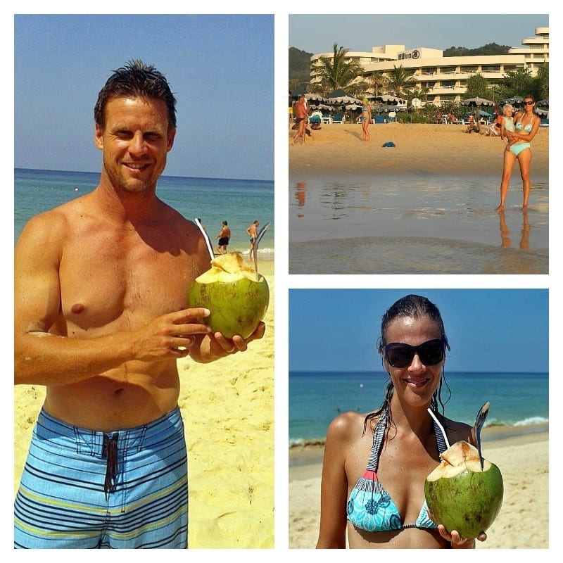 people drinking out of coconuts on the beach