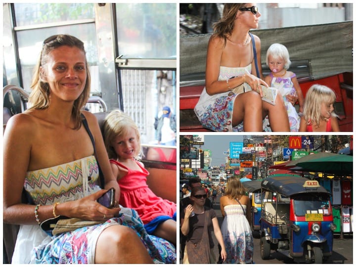 family getting around bangkok on bus and boat 