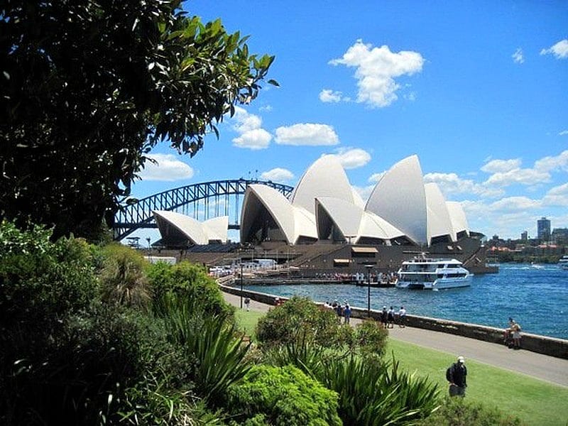 view of sydney opera houes with harbour bridge behind it from the royal botanic gardens