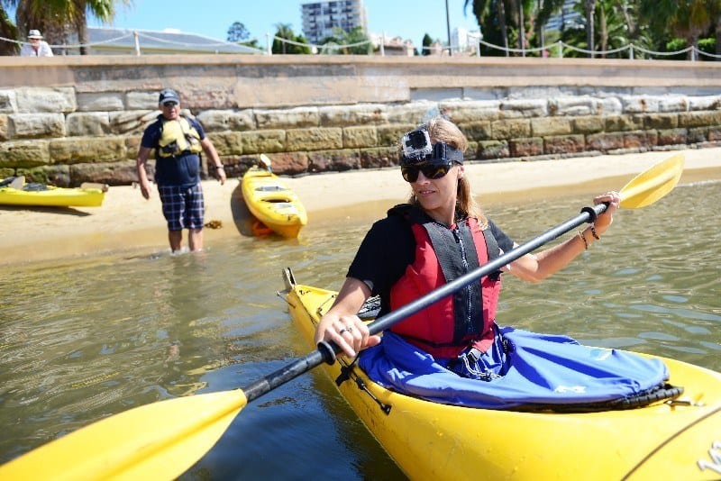 caz in kayak on Sydney Harbour