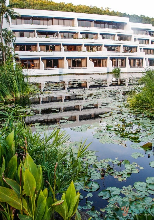 A resort next to a pond
