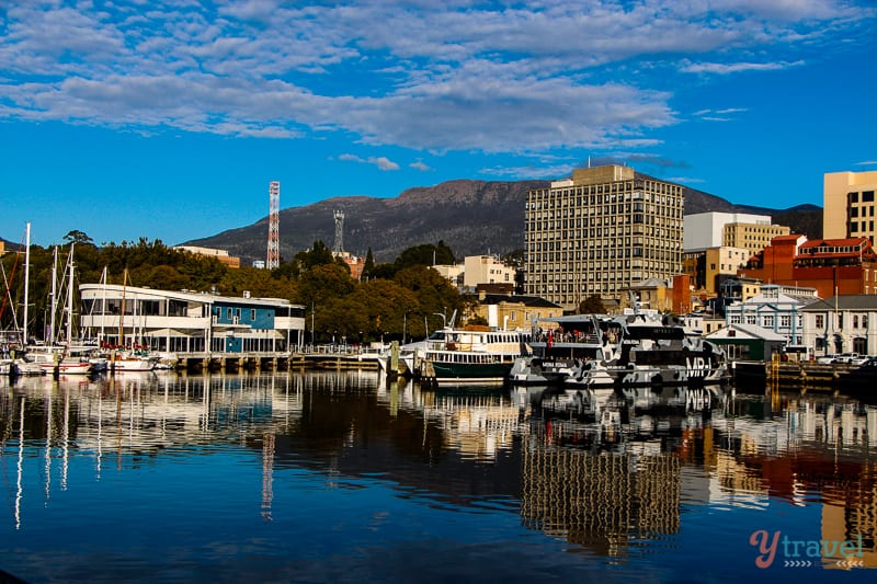 boats on the harbour in Hobart with mountains behind