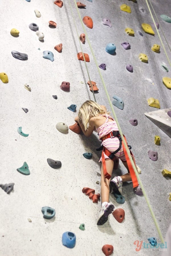 girl rock climbing on wall