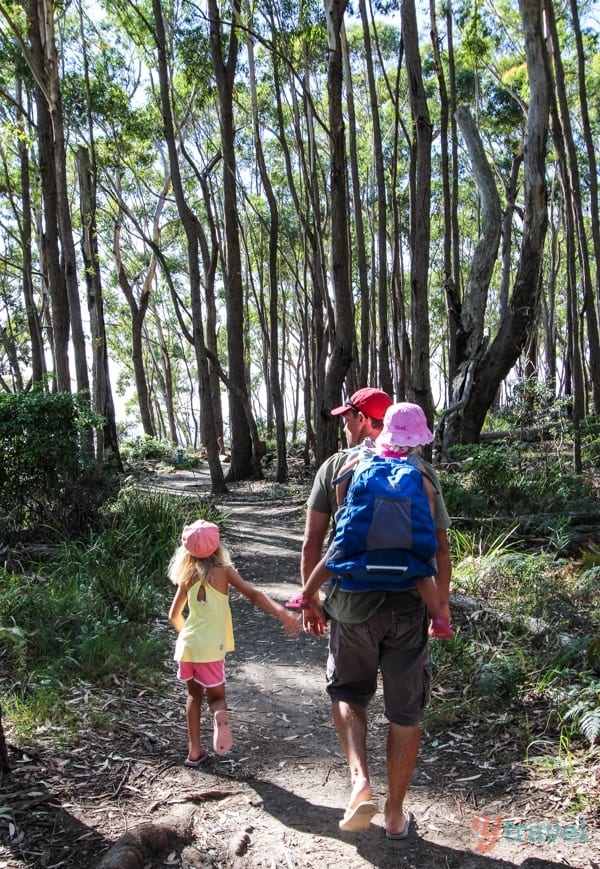 man holding girls hand with toddler on back walking on trail