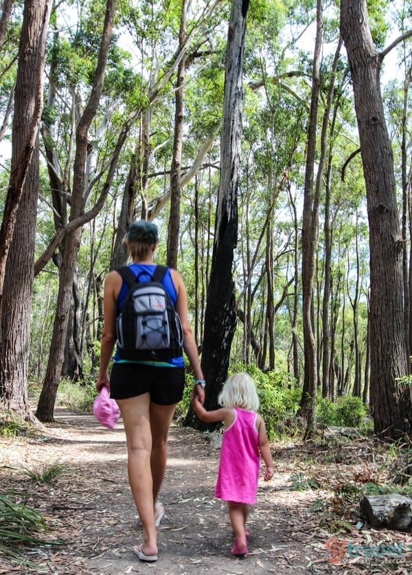 woman holding toddler's hand as they walk on the trail