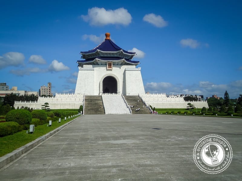 white with blue tiled roof of Chiang Kai Shek Memorial