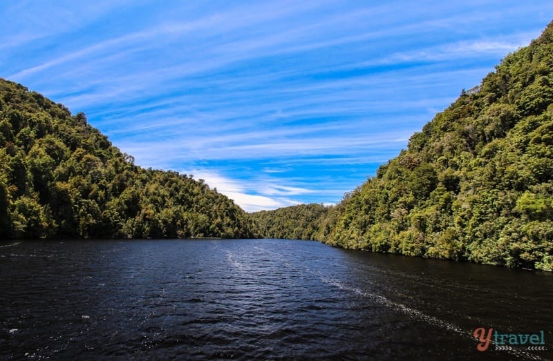 The Gordon River flanked by thick forested mountains