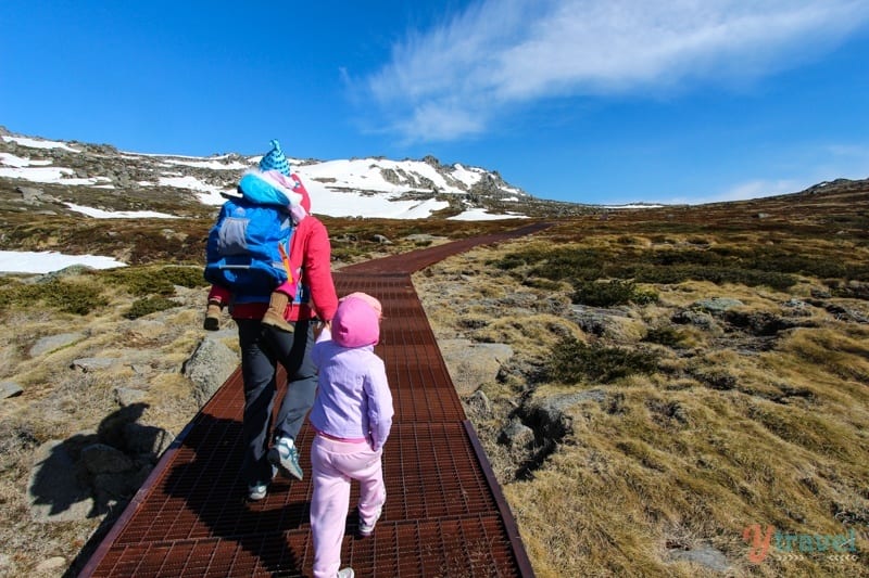 man and child walking up boardwalk through snowy Mount Kosziusko National Park 