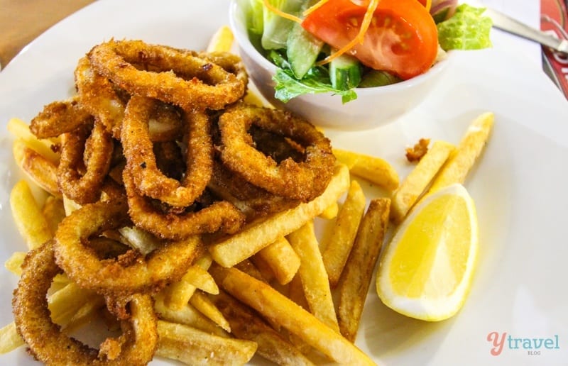 plate of calamari and chips