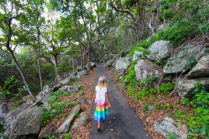 girl walking along grail surrounded by rocks and lush forest