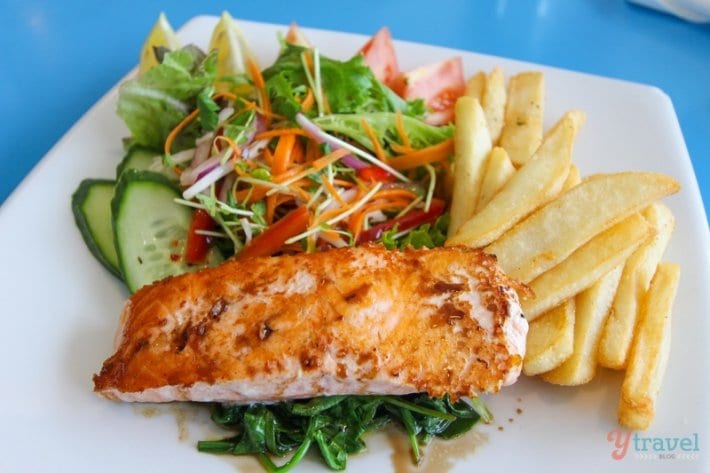 plate of salmon and fries
