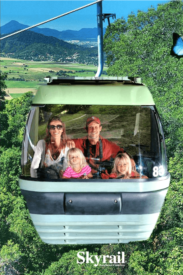 family in gondola on Skyrail Rainforest Cableway 