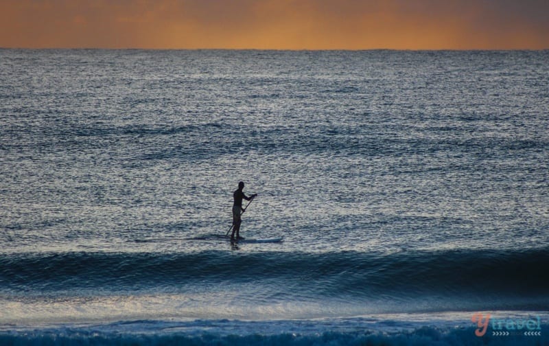 paddle boarder on ocean at sunrise