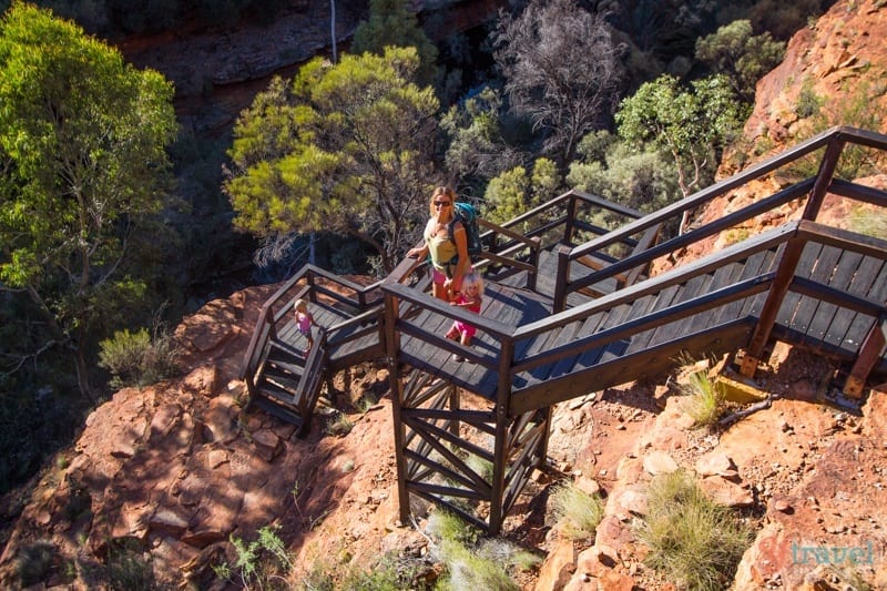 people standing on wooden stairs that lead down into a canyon