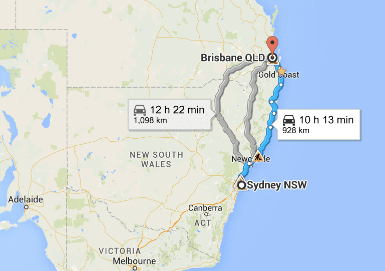 Sydney to Brisbane road trip map