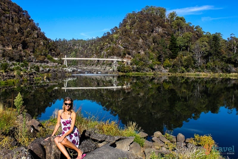 woman posing in front of river at Cataract Gorge