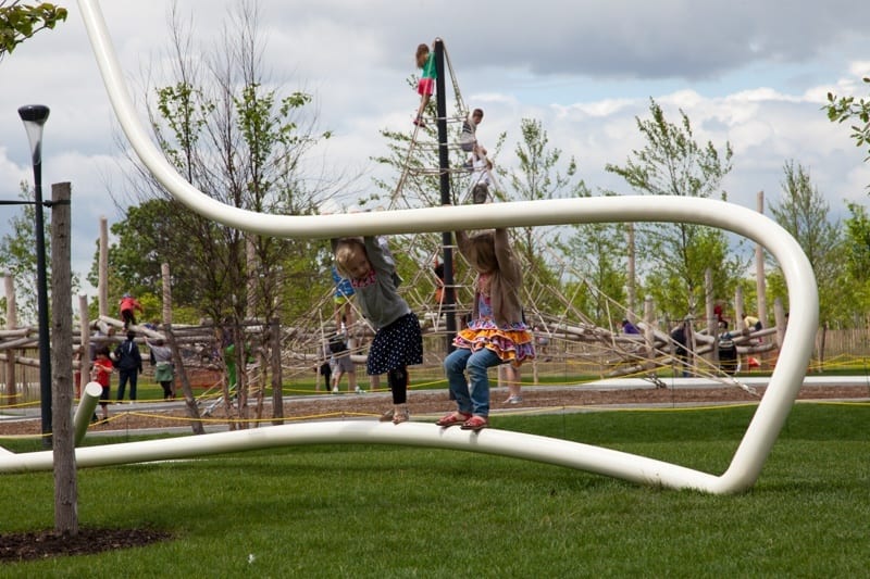 kids playing on art installations on Governor's Island