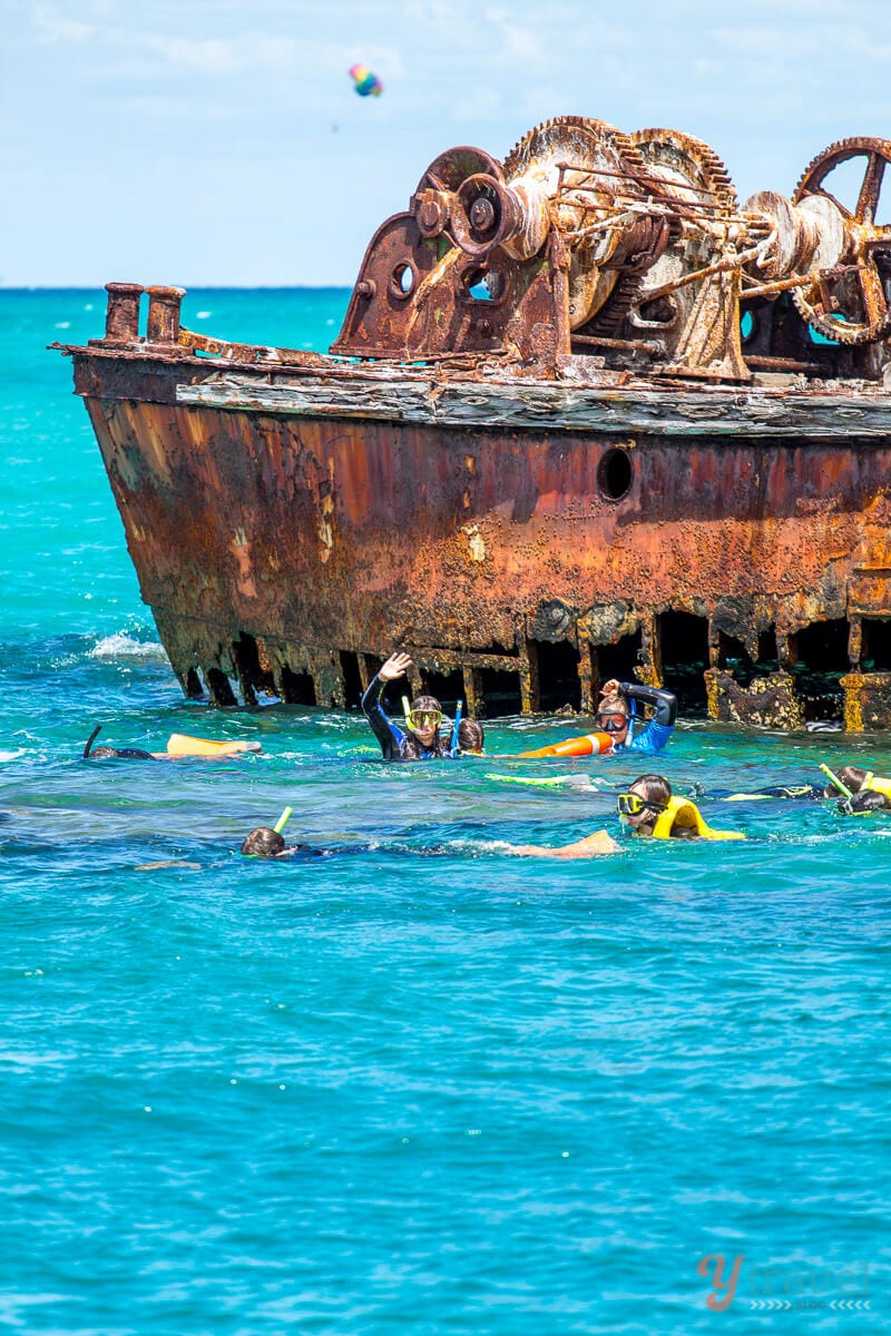 people snorkeling next to ship ruins