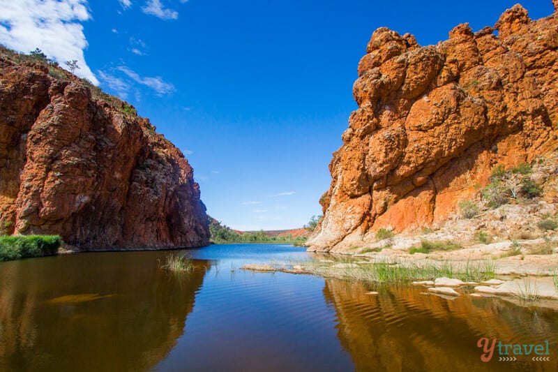 view of water running through Glen Helen Gorge in the Northern Territory of Australia