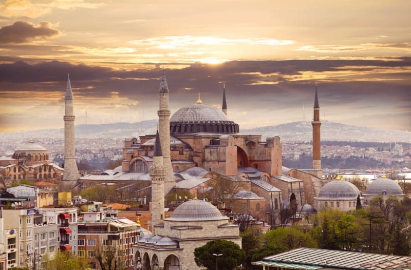 dome and turrets of the Hagia Sophia mosque at sunset