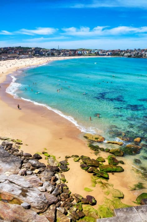sweeping view of the blue and golden sand of Bondi Beach, 