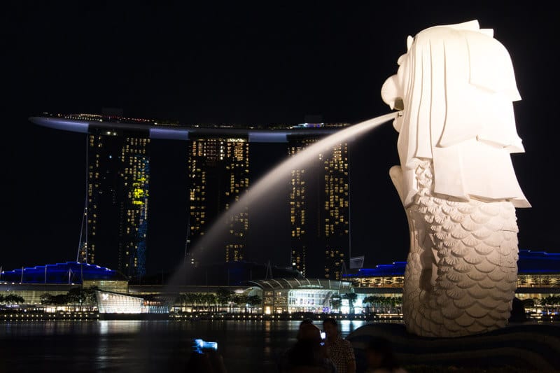 The celebrated  Merlion Statue spurting water