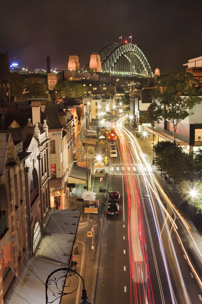 The Rocks District offers impressive views of Sydney Harbour Bridge