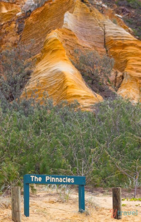 orange sandy cliffs with a sign in front that says The Pinnacles 