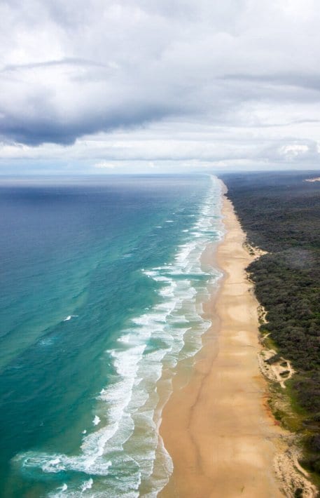 aerial view of 75 Mile Beach on Fraser Island in Australia