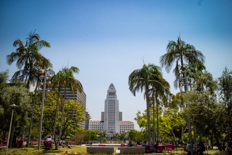 exterior City Hall Downtown framed by palm trees