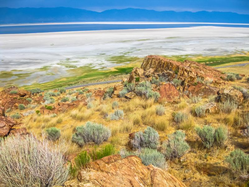 Aerial view of the dramatic landscape of the Great Salt Lake on Antelope Island State Park