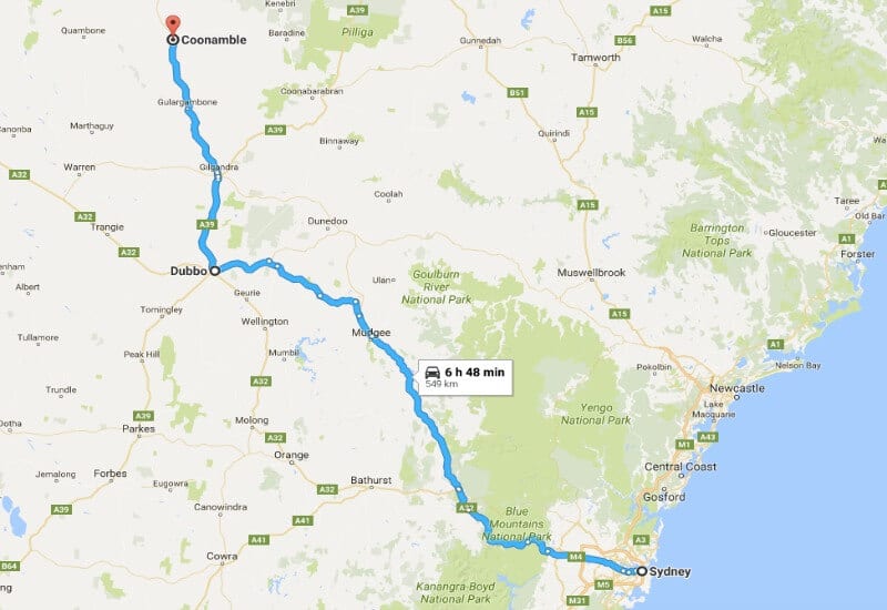 map of sydney to coonamble driving route