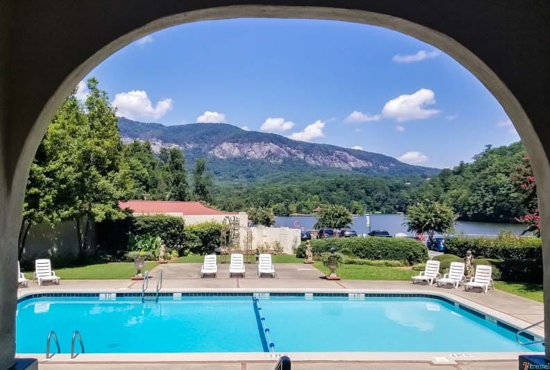 swimming pool in lake lure inn and spa with views of lake