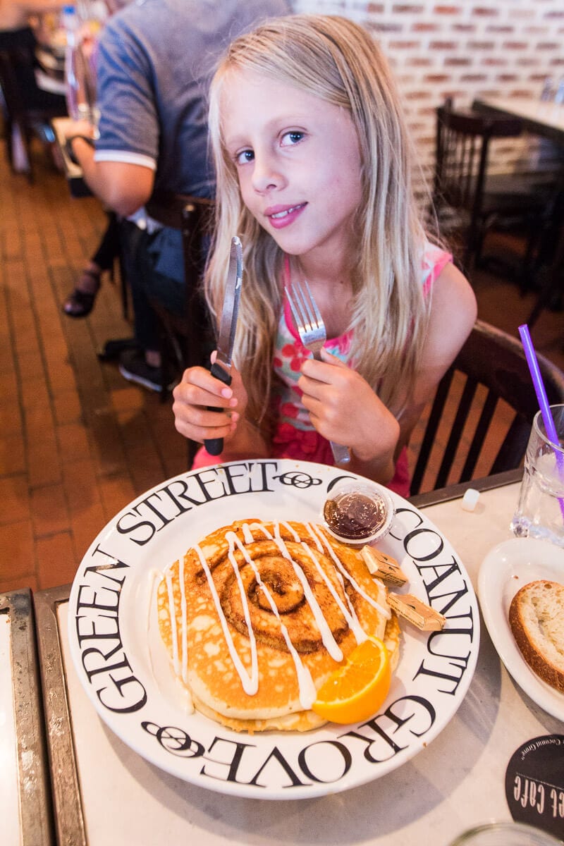 girl eating  Cinnamon pancakes at Greenstreet Cafe in Greenstreet Cafe, 