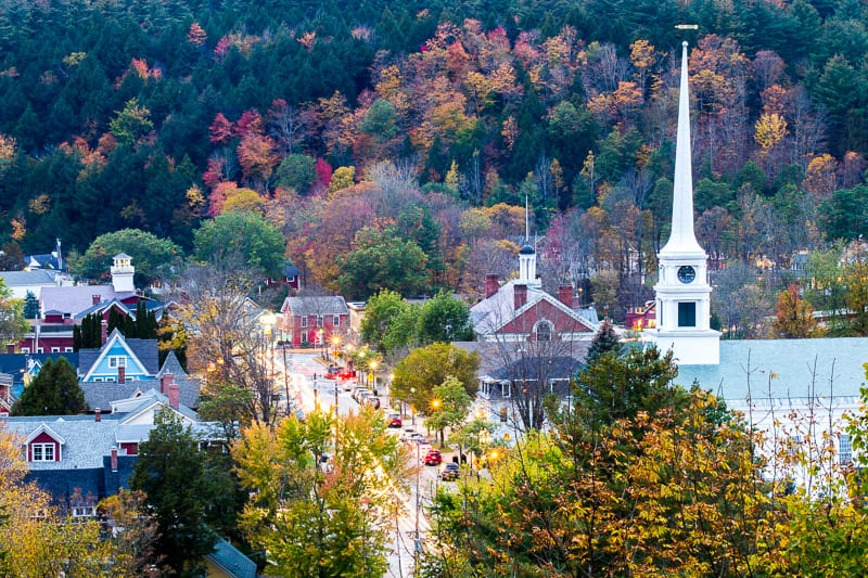 fall foliage and church steeple Stowe  View from Sunset Rock