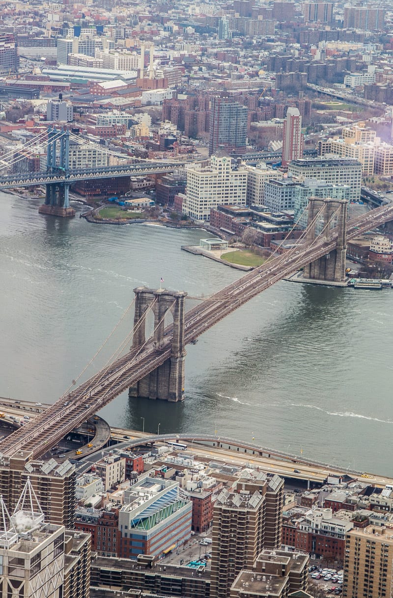 View of the Brooklyn Bridge from the top of the One World Observatory in NYC. 