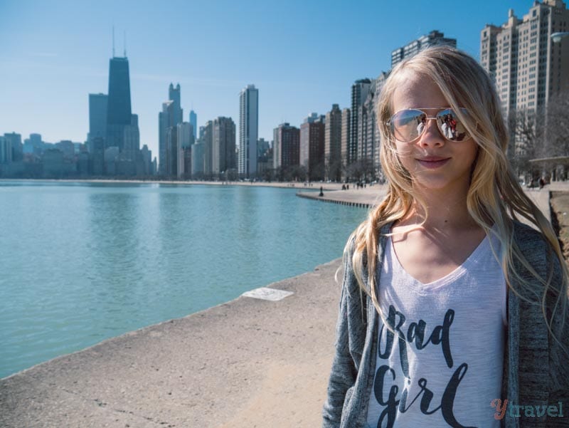 girl posing connected  Lake Michigan Chicago