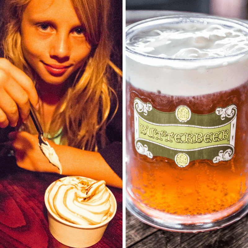 girl drinking Butterbeer and Butterbeer ice-cream at Universal Orlando