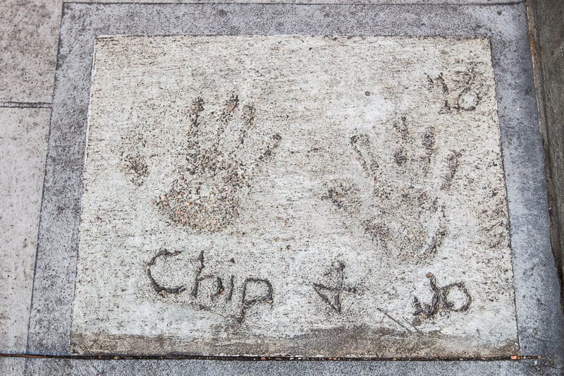 Chip and Jo handprints in concrete slab