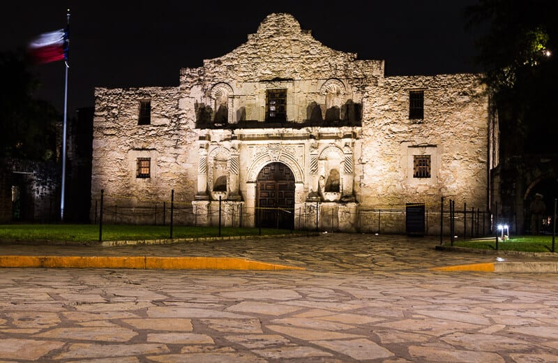 The Alamo lit up at night