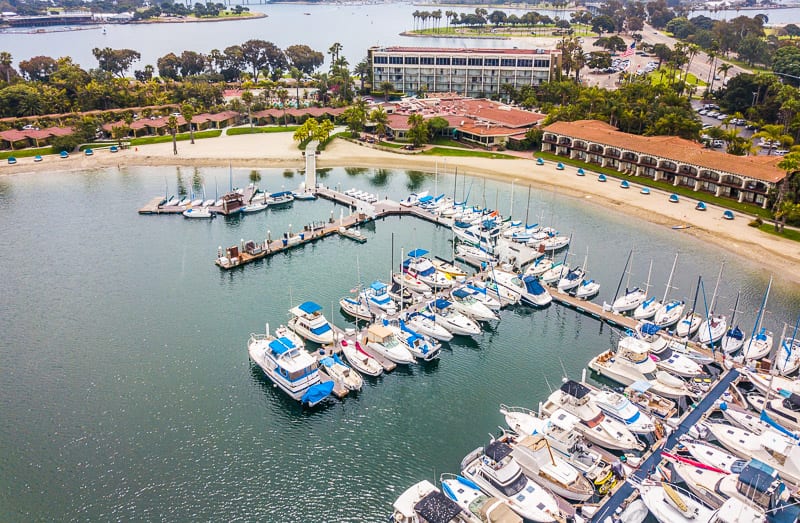 aerial view Bahia Resort Hotel and marina in Mission Bay