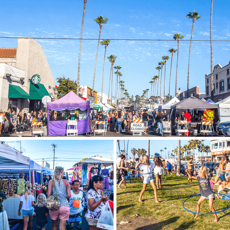 people enjoying farmers market at Ocean Beach, San Diego
