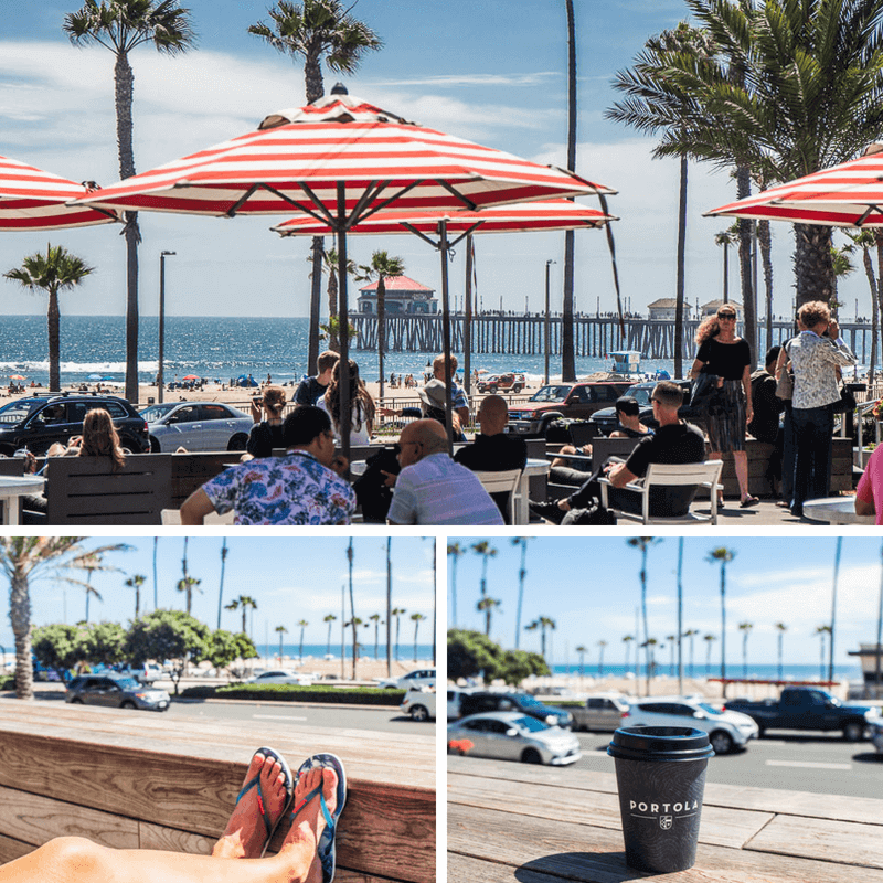 peopel eating at restaurants enjoying view at Pacific City, Huntington Beach, California