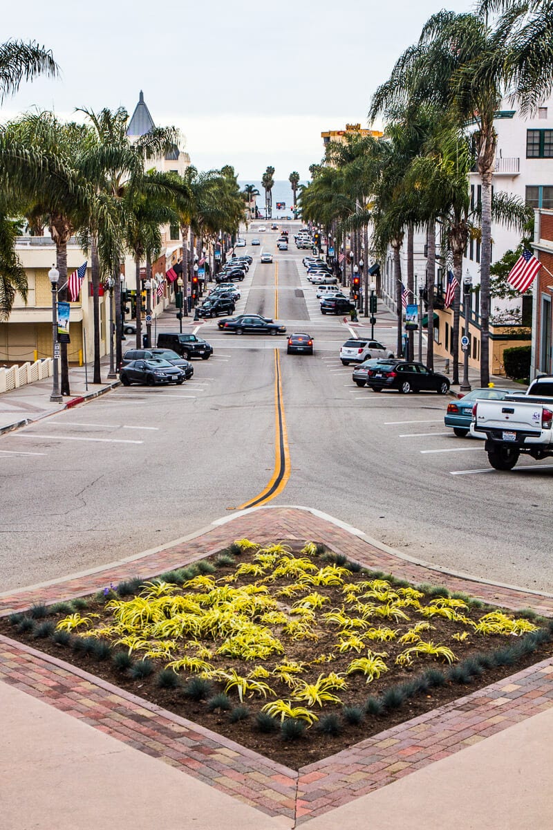 Downtown Ventura, California lined with palm streets