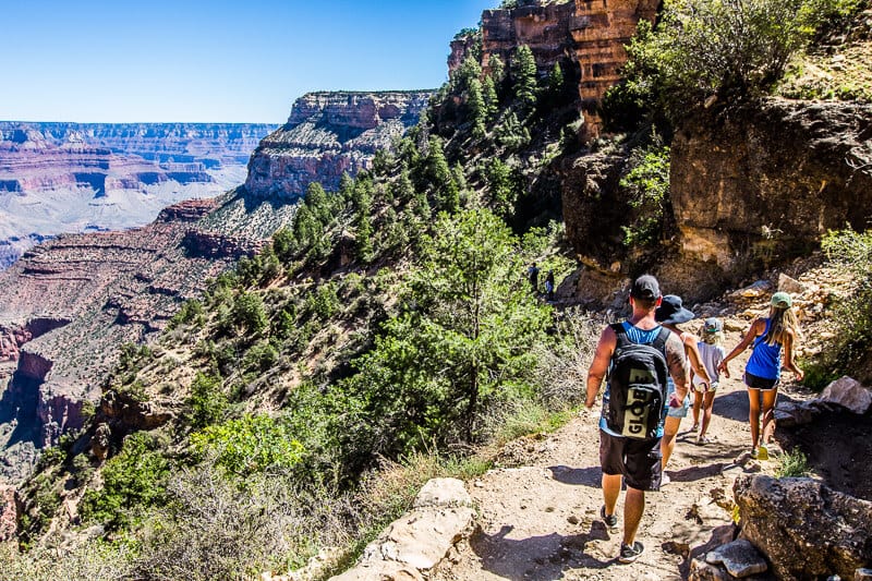 family Hiking down the Bright Angel Trail with kids