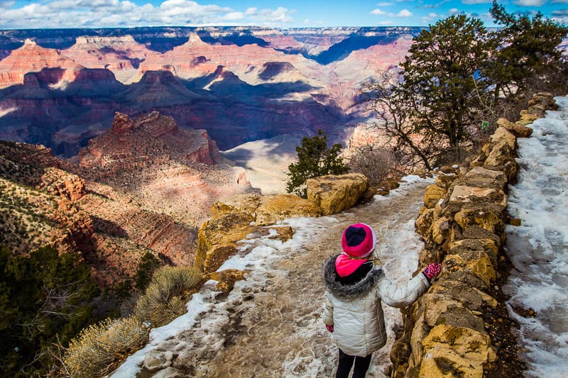 girl walking on icy Bright Angel Trail, Grand Canyon