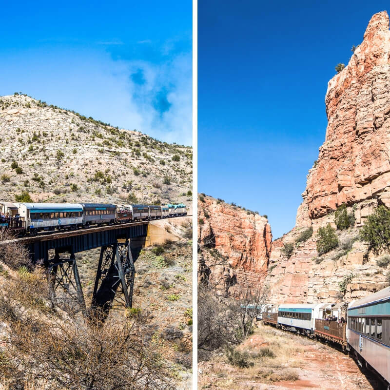 Verde Canyon Railroad imoving through the red rocky landscape