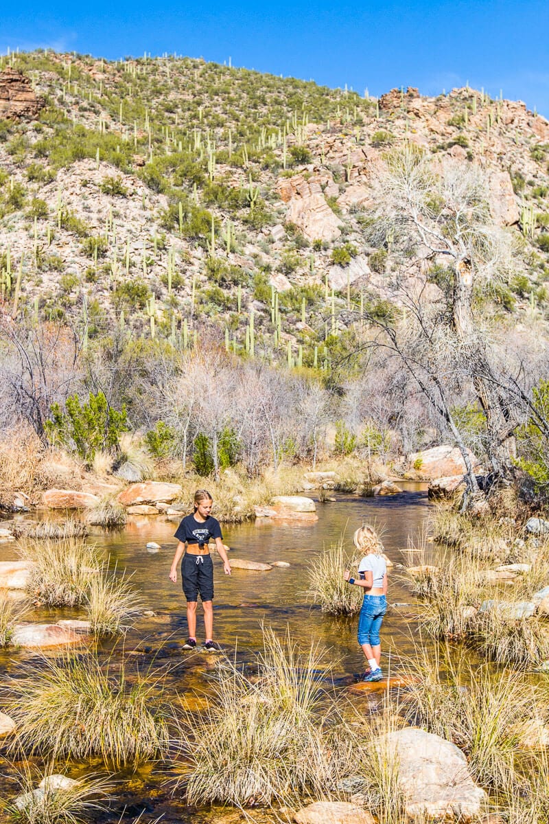 girls corssing creek in Sabino Canyon, Tucson, Arizona